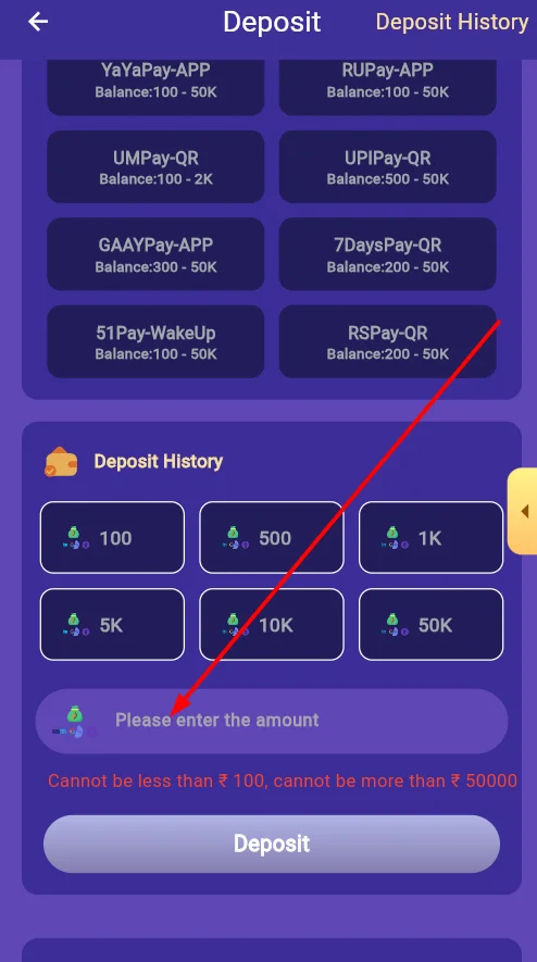 Enter the deposit amount